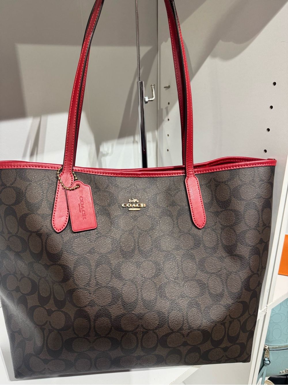Coach Brown Signature Tote with Red Trim and Straps - Picture 2 of 3